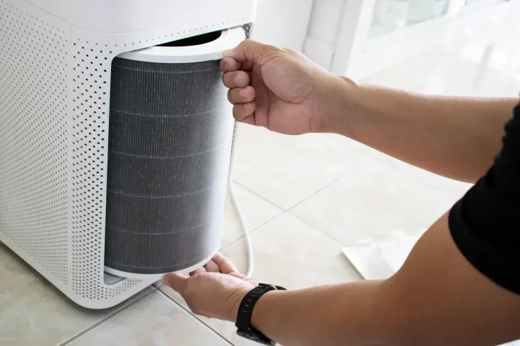 Air purifier with activated carbon filter: A person selecting an air purifier with a specialized activated carbon filter for effective air purification.