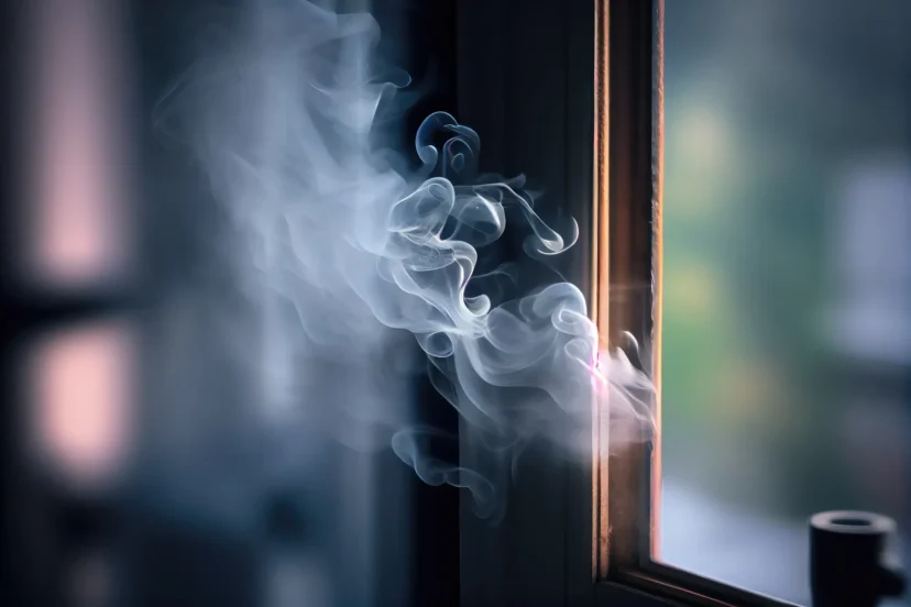 Smoke escaping from the window: An air purifier effectively removing smoke particles from indoor air near a window