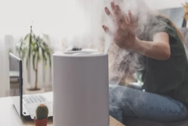 A freelancer using an air purifier in the workplace: An individual working at a desk with an air purifier nearby, ensuring optimal humidity levels and a comfortable microclimate