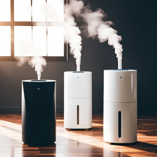 Humidifiers adding moisture to indoor air: A humidifier releasing a fine mist to increase the humidity levels in a room