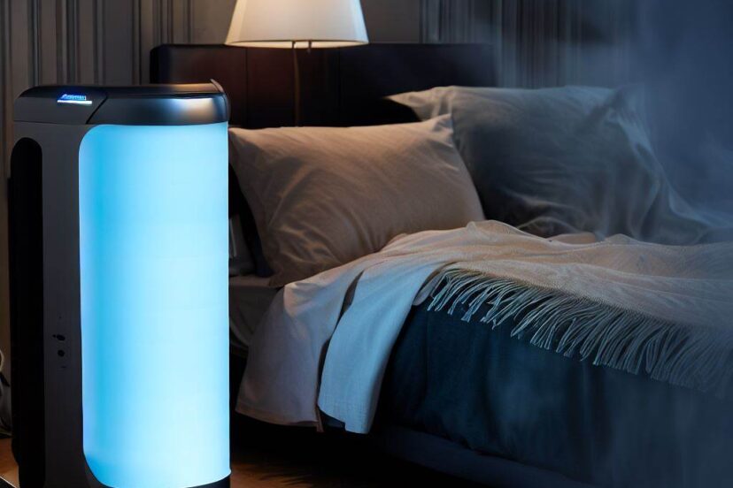 Nuwave Oxy Pure Air Purifier in a bedroom: A sleek air purifier is showcased in a bedroom, emphasizing its quiet operation and sleep-enhancing features