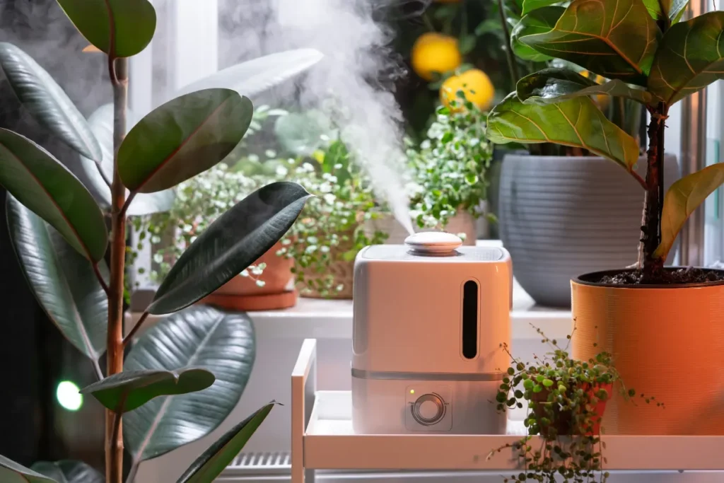 Steam from humidifier filling the air, creating a moist environment surrounded by lush indoor houseplants