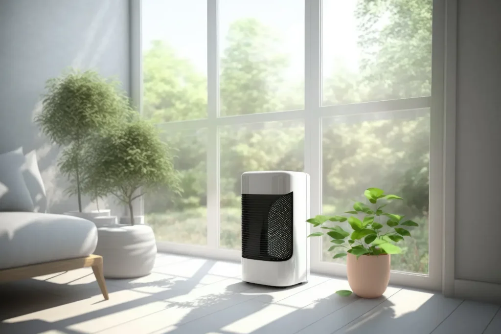 Low EMF air purifier with activated carbon filters working to absorb indoor odors and VOCs