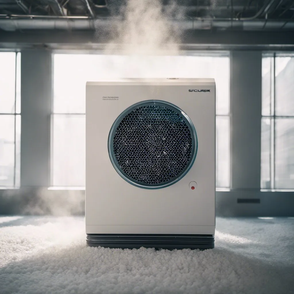 A modern air scrubber system actively filtering and purifying indoor air by trapping pollutants such as dust, pollen, and VOCs through its advanced filtration system.