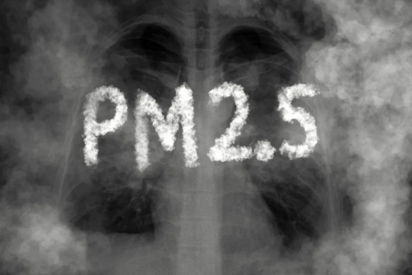 Close-up view of PM2.5 particles with air purifier protection