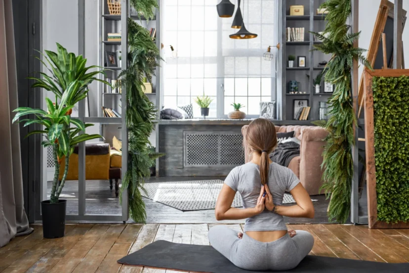 Person practicing yoga in a serene living space with lush plants and a modern air purifier.