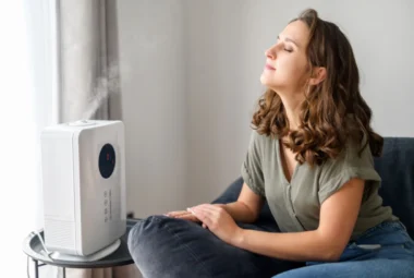 An air purifier operating in a living space, contributing to better skin and hair health.