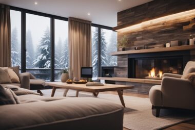 A cozy living room with a fireplace, sofa, chairs and plants, depicting a winter scene. An air purifier is filtering the air to keep it clean as the central heating circulates.